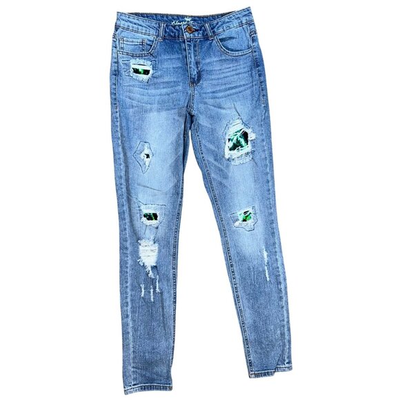 Almost Famous Sequin Patched Distressed Skinny Jeans Size 7 - Picture 1 of 8